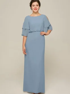 Robe de mariée pour mère col bijou manches courtes ligne a fendue sur le devant robes d'invitées de mariage