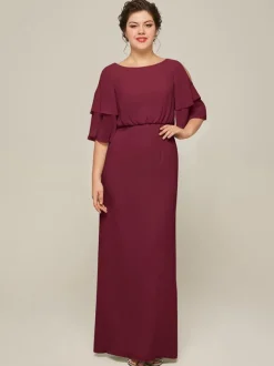 Robe de mariée pour mère col bijou manches courtes ligne a fendue sur le devant robes d'invitées de mariage