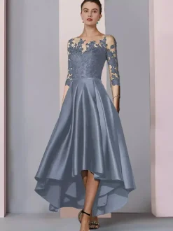 Robe de mariée pour mère col bijou manches 3/4 ligne a dentelle longueur thé robes d'invitées pour mariage