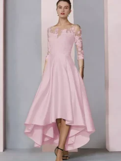Robe de mariée pour mère col bijou manches 3/4 ligne a dentelle longueur thé robes d'invitées pour mariage