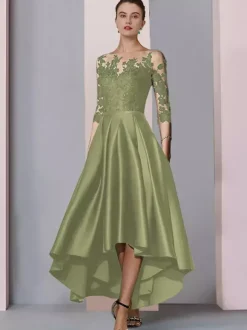 Robe de mariée pour mère col bijou manches 3/4 ligne a dentelle longueur thé robes d'invitées pour mariage