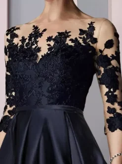 Robe de mariée pour mère col bijou manches 3/4 ligne a dentelle longueur thé robes d'invitées pour mariage