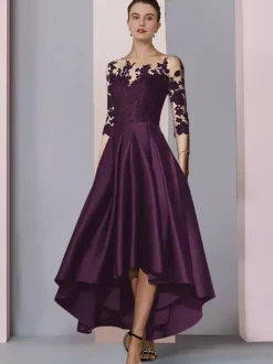 Robe de mariée pour mère col bijou manches 3/4 ligne a dentelle longueur thé robes d'invitées pour mariage