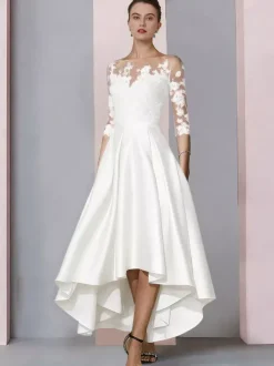 Robe de mariée pour mère col bijou manches 3/4 ligne a dentelle longueur thé robes d'invitées pour mariage