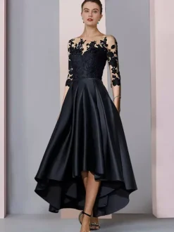 Robe de mariée pour mère col bijou manches 3/4 ligne a dentelle longueur thé robes d'invitées pour mariage