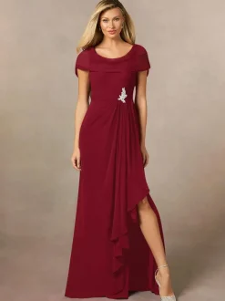 Robe de mariée pour mère de la mariée col en V manches courtes ligne a plissée longueur au sol robes d'invitées de mariage