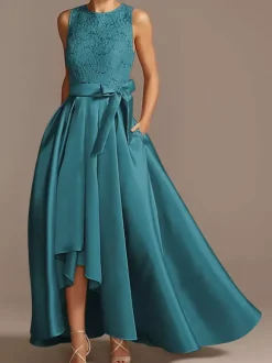 Robe de mariée pour mère de la mariée col bijou sans manches ligne a en dentelle longueur thé robes d'invitées de mariage personnalisation gratuite