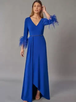 Robe de mariée pour mère de la mariée col en V manches 3/4 robe de bal plumes longueur au sol robes d'invitées pour mariage