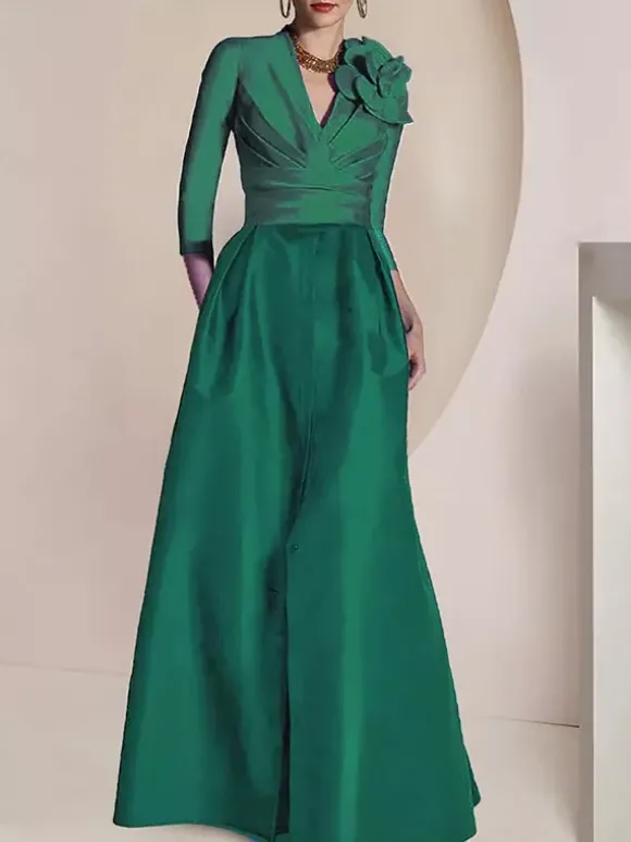 Robe de mariée pour mère de la mariée col en V manches 3/4 ligne A plissée longueur au sol robes d'invitées pour mariage