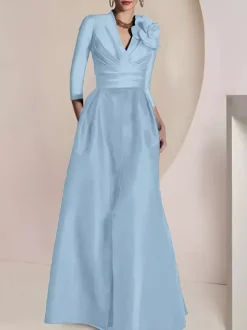 Robe de mariée pour mère de la mariée col en V manches 3/4 ligne A plissée longueur au sol robes d'invitées pour mariage
