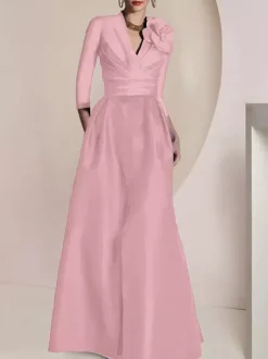 Robe de mariée pour mère de la mariée col en V manches 3/4 ligne A plissée longueur au sol robes d'invitées pour mariage