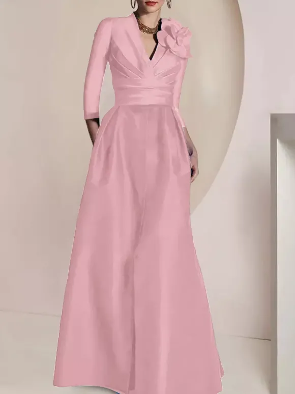 Robe de mariée pour mère de la mariée col en V manches 3/4 ligne A plissée longueur au sol robes d'invitées pour mariage
