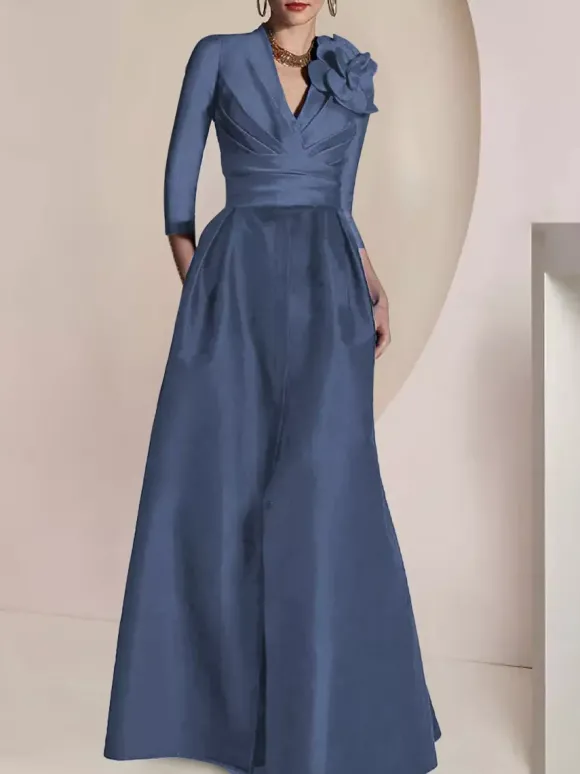 Robe de mariée pour mère de la mariée col en V manches 3/4 ligne A plissée longueur au sol robes d'invitées pour mariage