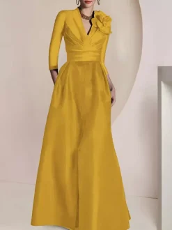 Robe de mariée pour mère de la mariée col en V manches 3/4 ligne A plissée longueur au sol robes d'invitées pour mariage