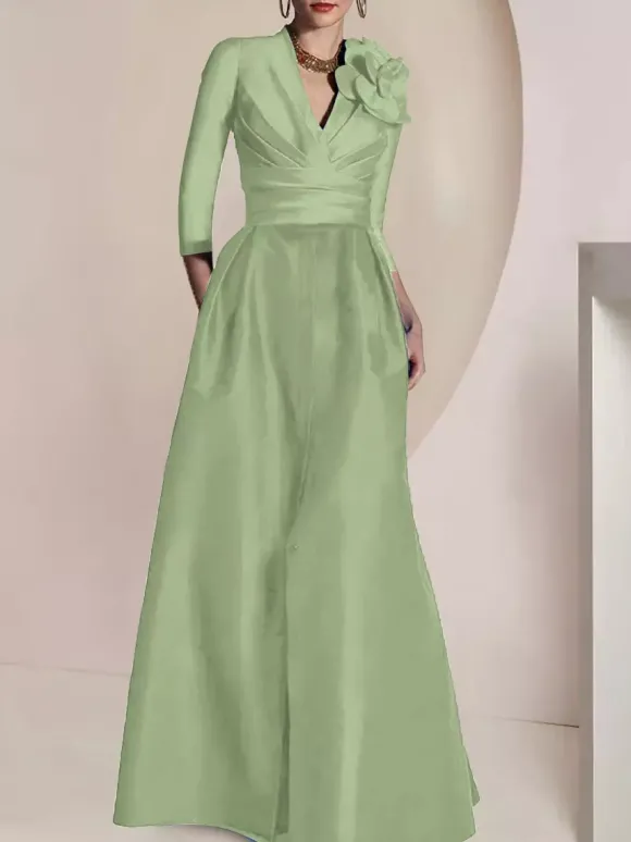 Robe de mariée pour mère de la mariée col en V manches 3/4 ligne A plissée longueur au sol robes d'invitées pour mariage