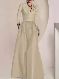 Robe de mariée pour mère de la mariée col en V manches 3/4 ligne A plissée longueur au sol robes d'invitées pour mariage