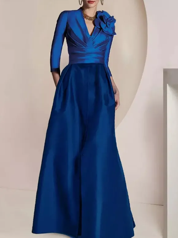 Robe de mariée pour mère de la mariée col en V manches 3/4 ligne A plissée longueur au sol robes d'invitées pour mariage