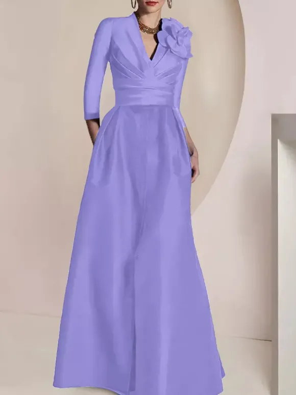 Robe de mariée pour mère de la mariée col en V manches 3/4 ligne A plissée longueur au sol robes d'invitées pour mariage