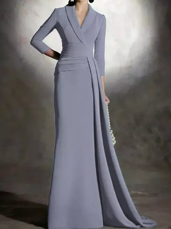 Robe de mariée pour mère de la mariée col en v manches 3/4 sirène plissée longueur au sol robes d'invitées pour mariage