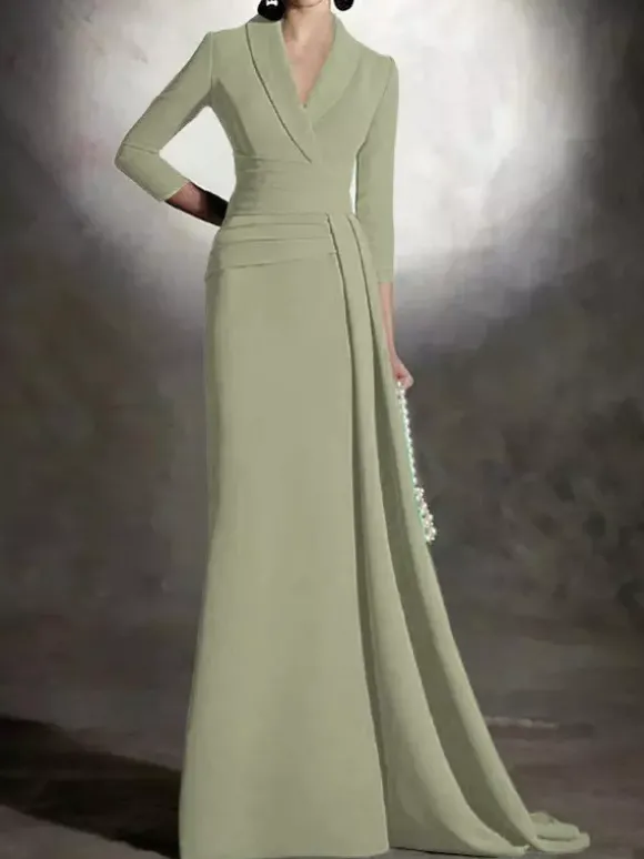 Robe de mariée pour mère de la mariée col en v manches 3/4 sirène plissée longueur au sol robes d'invitées pour mariage