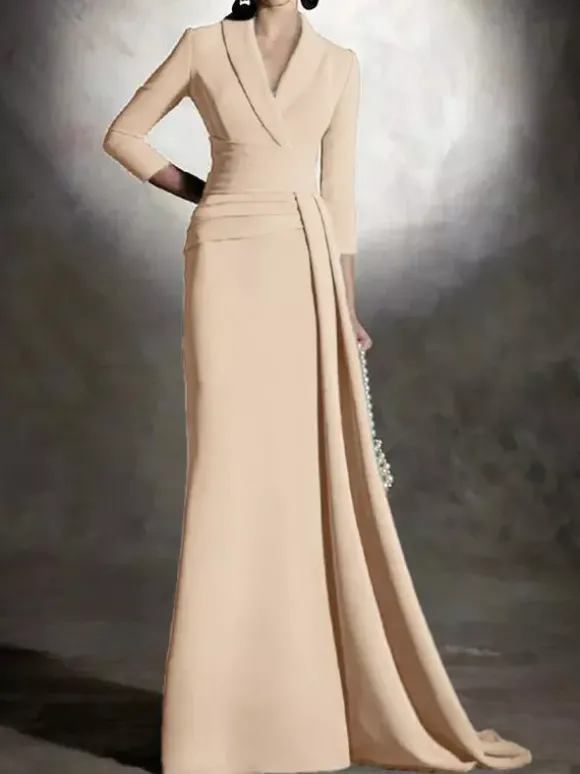 Robe de mariée pour mère de la mariée col en v manches 3/4 sirène plissée longueur au sol robes d'invitées pour mariage