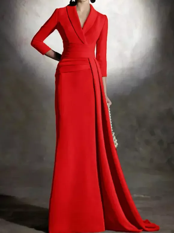 Robe de mariée pour mère de la mariée col en v manches 3/4 sirène plissée longueur au sol robes d'invitées pour mariage