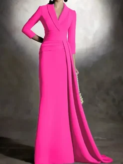 Robe de mariée pour mère de la mariée col en v manches 3/4 sirène plissée longueur au sol robes d'invitées pour mariage