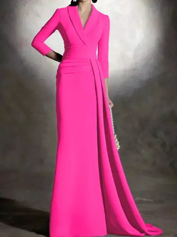 Robe de mariée pour mère de la mariée col en v manches 3/4 sirène plissée longueur au sol robes d'invitées pour mariage
