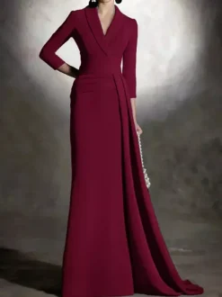 Robe de mariée pour mère de la mariée col en v manches 3/4 sirène plissée longueur au sol robes d'invitées pour mariage