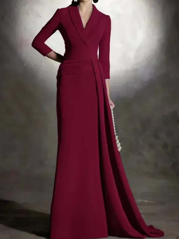 Robe de mariée pour mère de la mariée col en v manches 3/4 sirène plissée longueur au sol robes d'invitées pour mariage