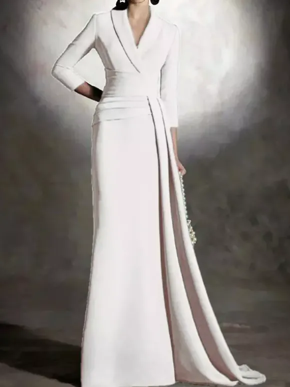 Robe de mariée pour mère de la mariée col en v manches 3/4 sirène plissée longueur au sol robes d'invitées pour mariage
