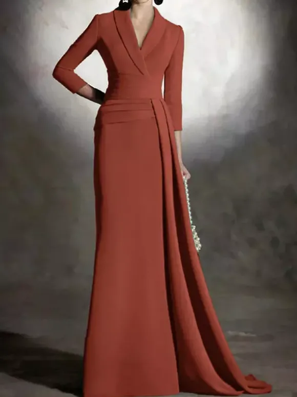 Robe de mariée pour mère de la mariée col en v manches 3/4 sirène plissée longueur au sol robes d'invitées pour mariage