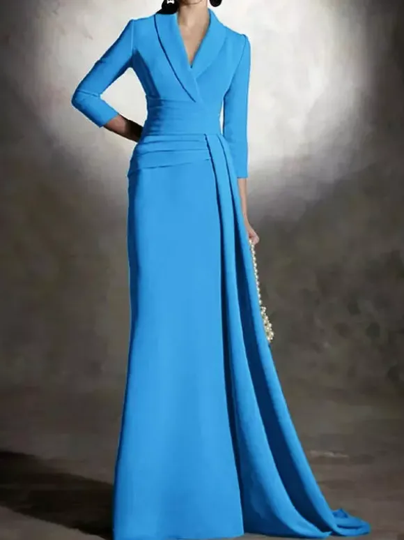 Robe de mariée pour mère de la mariée col en v manches 3/4 sirène plissée longueur au sol robes d'invitées pour mariage
