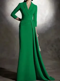 Robe de mariée pour mère de la mariée col en v manches 3/4 sirène plissée longueur au sol robes d'invitées pour mariage