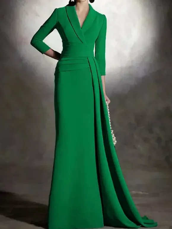 Robe de mariée pour mère de la mariée col en v manches 3/4 sirène plissée longueur au sol robes d'invitées pour mariage