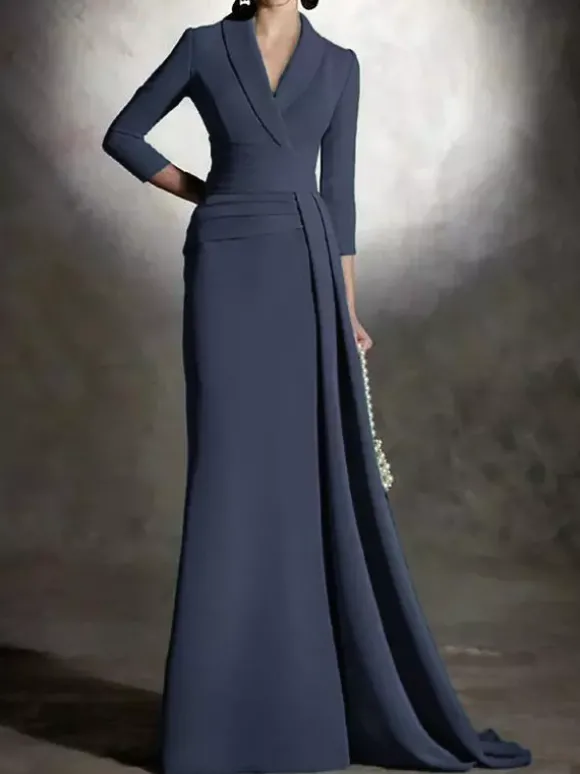 Robe de mariée pour mère de la mariée col en v manches 3/4 sirène plissée longueur au sol robes d'invitées pour mariage
