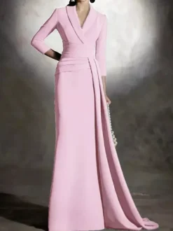 Robe de mariée pour mère de la mariée col en v manches 3/4 sirène plissée longueur au sol robes d'invitées pour mariage