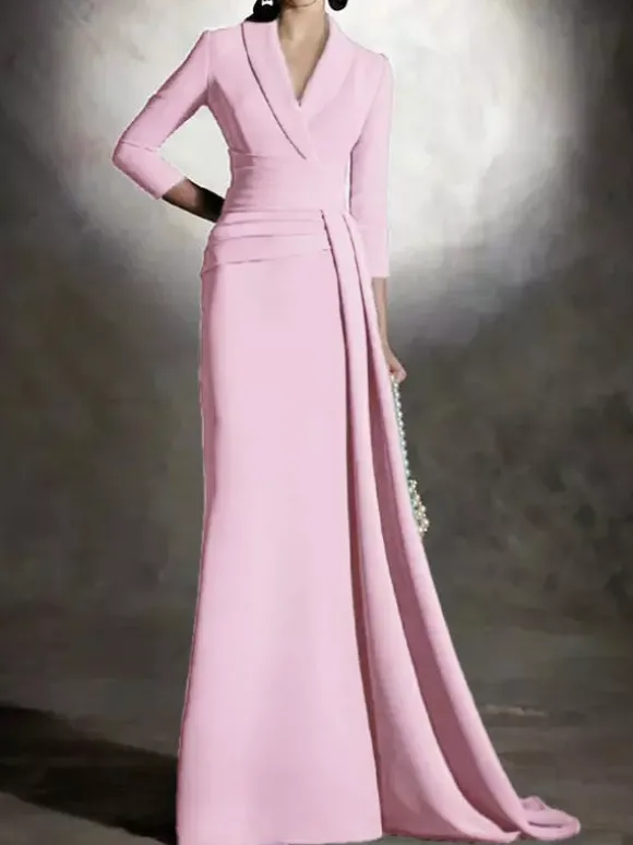Robe de mariée pour mère de la mariée col en v manches 3/4 sirène plissée longueur au sol robes d'invitées pour mariage