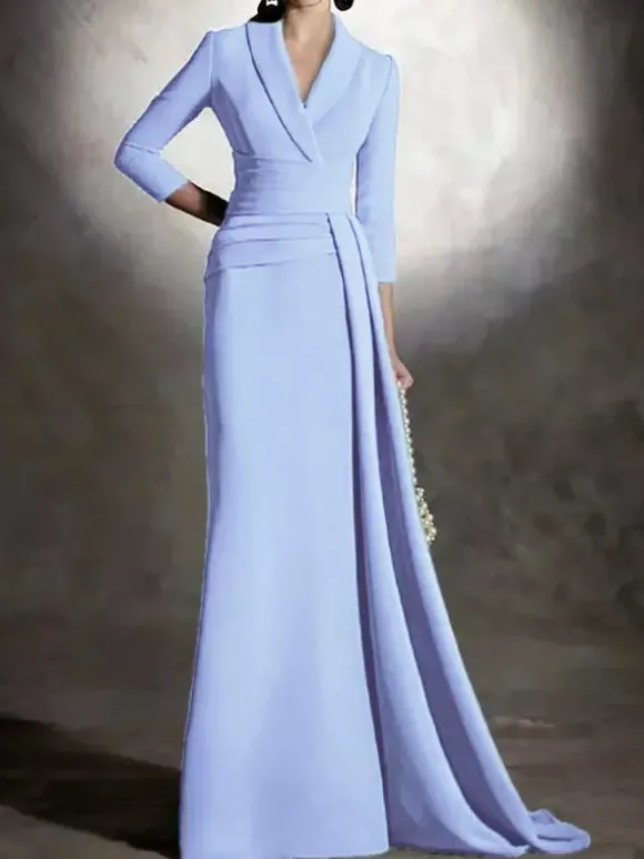 Robe de mariée pour mère de la mariée col en v manches 3/4 sirène plissée longueur au sol robes d'invitées pour mariage
