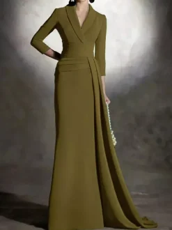 Robe de mariée pour mère de la mariée col en v manches 3/4 sirène plissée longueur au sol robes d'invitées pour mariage