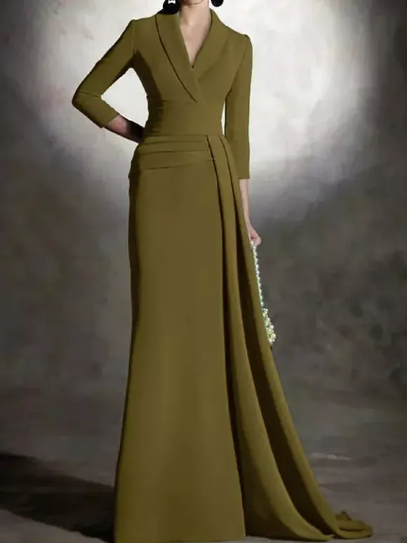 Robe de mariée pour mère de la mariée col en v manches 3/4 sirène plissée longueur au sol robes d'invitées pour mariage