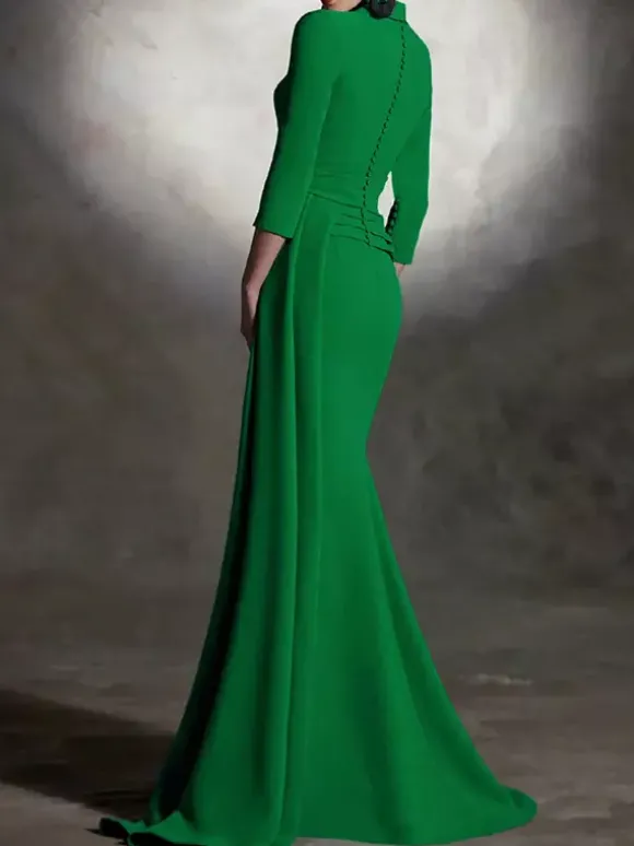 Robe de mariée pour mère de la mariée col en v manches 3/4 sirène plissée longueur au sol robes d'invitées pour mariage