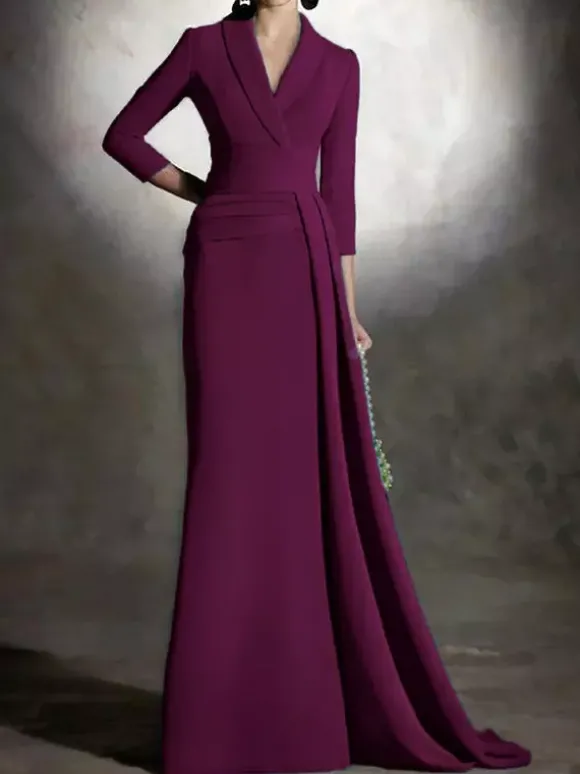 Robe de mariée pour mère de la mariée col en v manches 3/4 sirène plissée longueur au sol robes d'invitées pour mariage