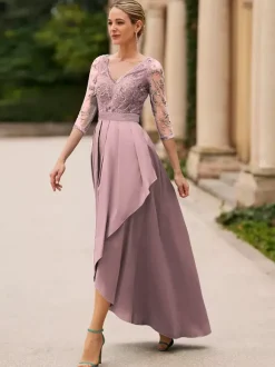 Robe de mariée pour mère de la mariée col en V manches 3/4 ligne a dentelle longueur cheville robes d'invitées de mariage