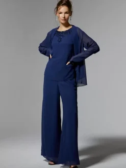 Robe de mariée pour mère de mariée col à bijoux manches longues ligne a perles longueur cheville robes d'invitées pour mariage