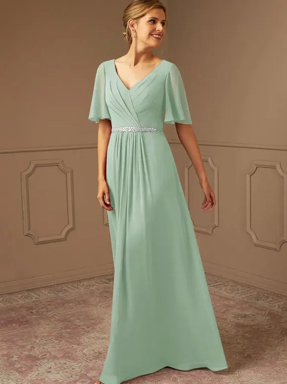 Robe de mariée pour mère de mariée col en v manches courtes ligne a ceinture longueur au sol robes d'invitées pour mariage