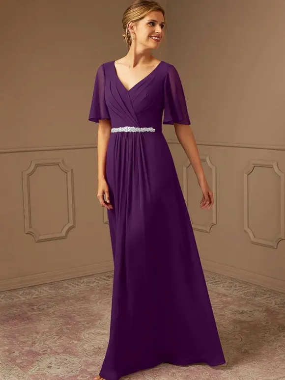 Robe de mariée pour mère de mariée col en v manches courtes ligne a ceinture longueur au sol robes d'invitées pour mariage