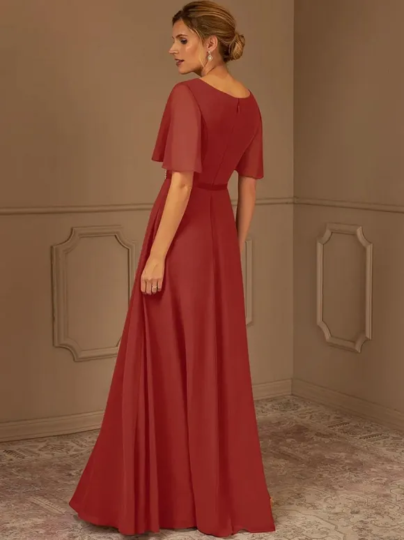 Robe de mariée pour mère de mariée col en v manches courtes ligne a ceinture longueur au sol robes d'invitées pour mariage