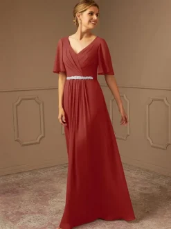 Robe de mariée pour mère de mariée col en v manches courtes ligne a ceinture longueur au sol robes d'invitées pour mariage
