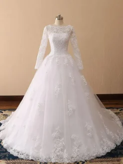 Robe de mariée princess en tulle ivoire manche longue en dentelle boutonné sur dos à traîne ronde Robe de mariage